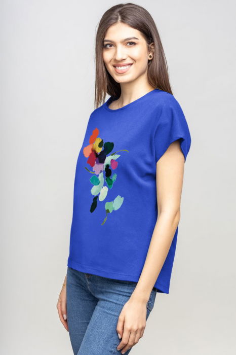 Tricou cu maneca cazuta din bumbac albastru cu imprimeu floare stilizata [2]