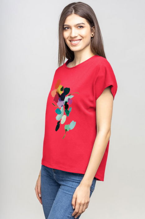 Tricou cu maneca cazuta din bumbac fucsia inchis cu imprimeu floare stilizata [2]