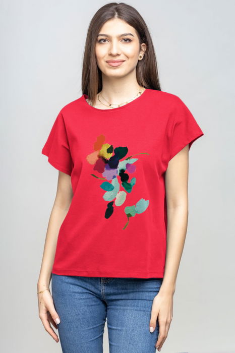 Tricou cu maneca cazuta din bumbac fucsia inchis cu imprimeu floare stilizata [1]