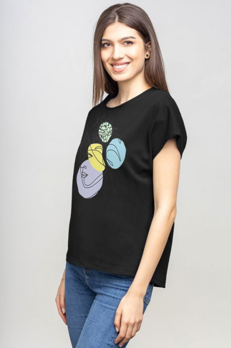 Tricou cu maneca cazuta din bumbac negru cu imprimeu chip stilizat [2]