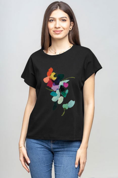 Tricou cu maneca cazuta din bumbac negru cu imprimeu floare stilizata [1]