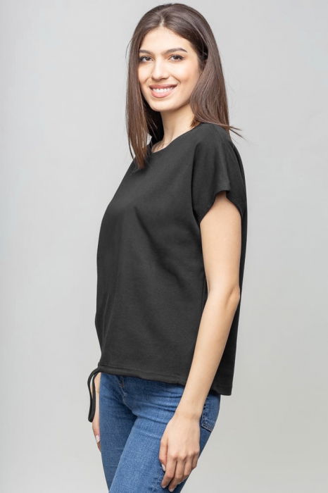 Tricou cu maneca cazuta din bumbac negru cu snur la baza [2]