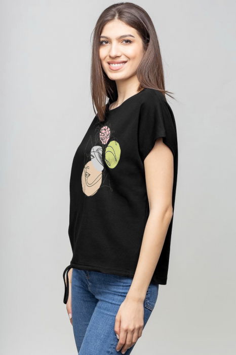 Tricou cu maneca cazuta din bumbac negru cu snur la baza [2]