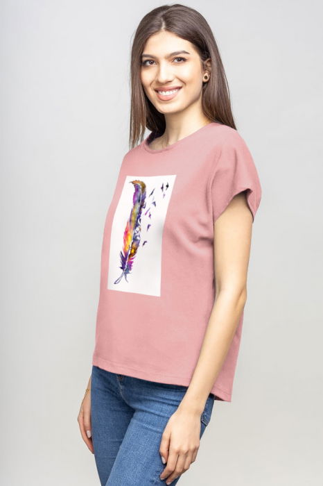 Tricou cu maneca cazuta din bumbac roz prafuit cu aplicatie pana stilizata [2]