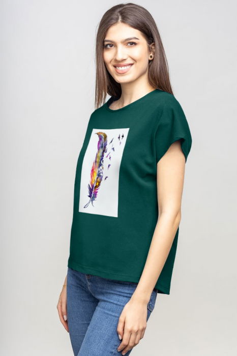 Tricou cu maneca cazuta din bumbac turcoaz inchis cu aplicatie pana stilizata [2]