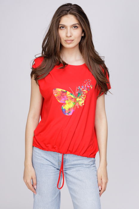 Tricou din vascoza cu snur la poale si imprimeu fluturi, rosu [1]