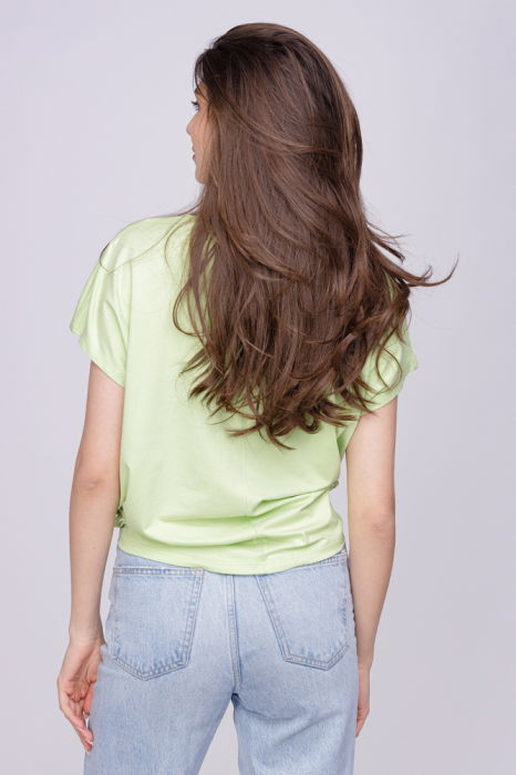 Tricou din vascoza cu snur la poale si imprimeu fluturi, verde fistic [3]