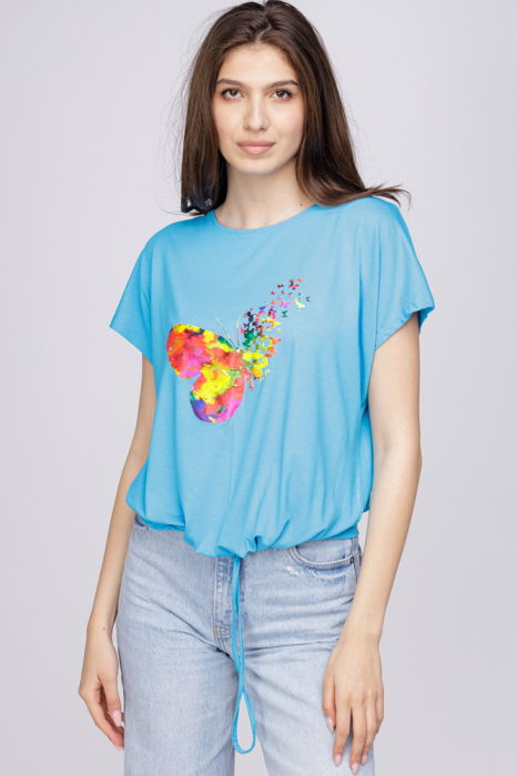 Tricou din vascoza cu snur la poale si imprimeu fluturi, albastru azzuro [1]