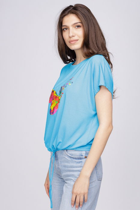 Tricou din vascoza cu snur la poale si imprimeu fluturi, albastru azzuro [2]