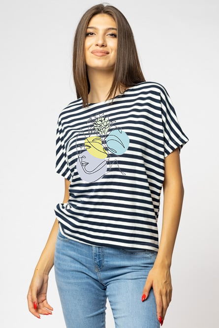 Tricou din bumbac cu dungi alb-negru cu imprimeu chip stilizat [1]