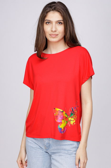 Tricou din vascoza cu imprimeu fluture, rosu [1]