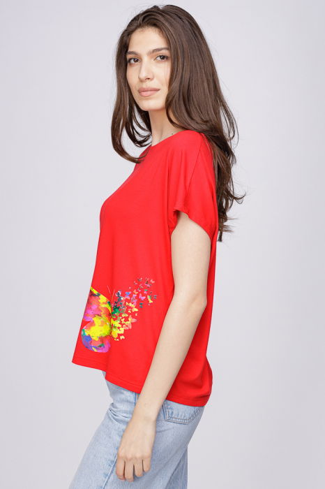 Tricou din vascoza cu imprimeu fluture, rosu [2]