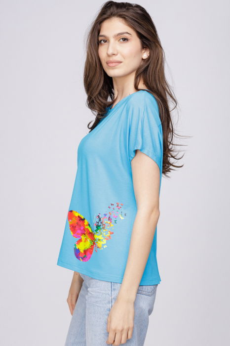 Tricou din vascoza cu imprimeu fluture, albastru azzuro [2]
