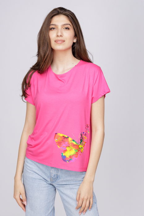 Tricou din vascoza cu imprimeu fluture, fucsia [1]