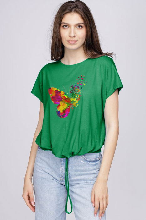 Tricou din vascoza cu snur la poale si imprimeu fluturi, verde [1]