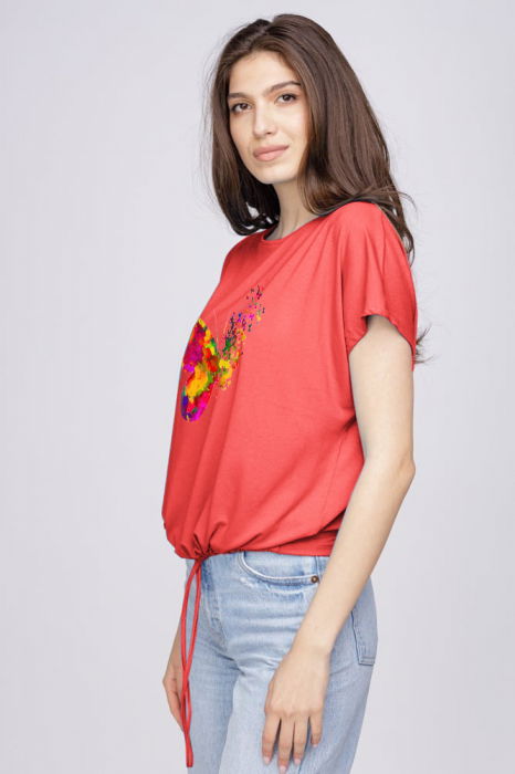 Tricou din vascoza cu snur la poale si imprimeu fluturi, corai [2]