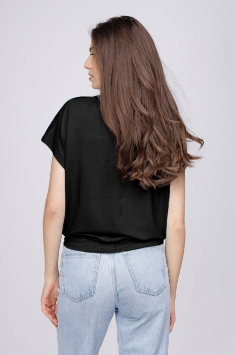 Tricou din vascoza cu snur la poale si imprimeu chip, negru [3]