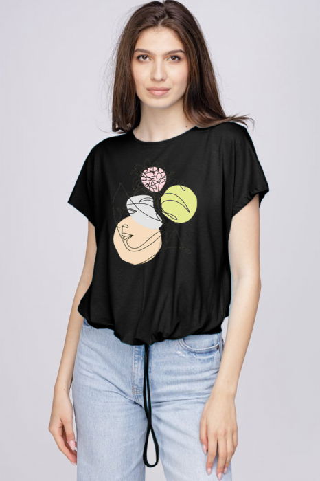 Tricou din vascoza cu snur la poale si imprimeu chip, negru [1]