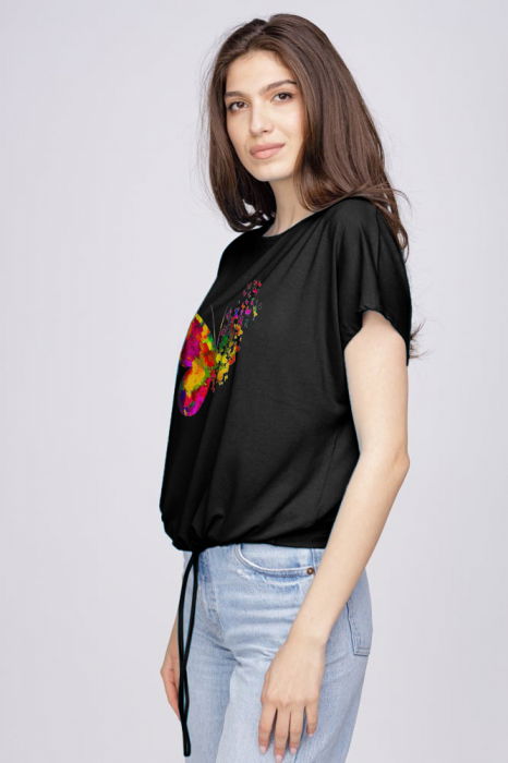 Tricou din vascoza cu snur la poale si imprimeu fluturi, negru [2]