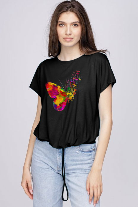 Tricou din vascoza cu snur la poale si imprimeu fluturi, negru [1]