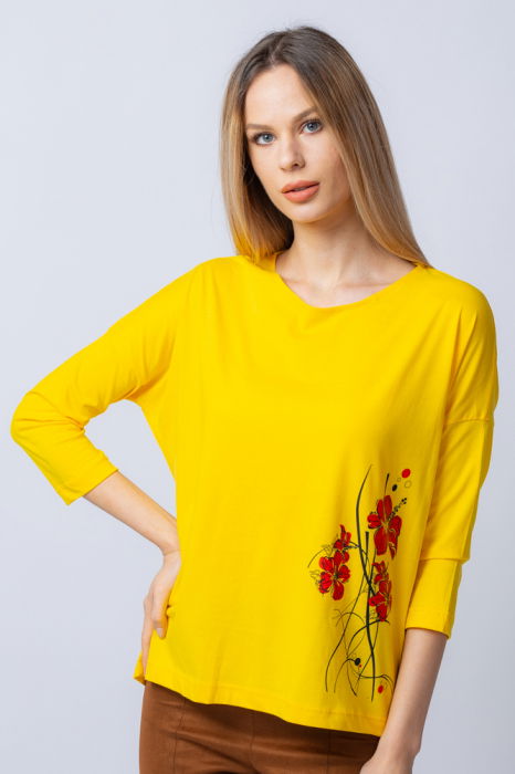 Tricou galben din bumbac, cu maneci 3/4 si imprimeu maci [1]