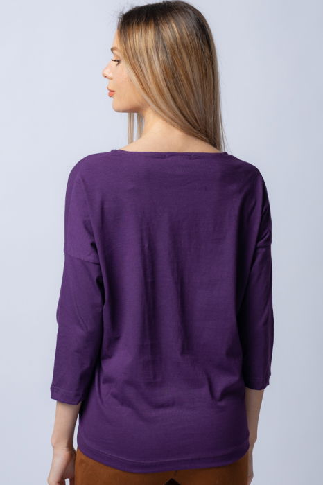 Tricou mov din bumbac, cu maneci 3/4 si imprimeu maci [3]