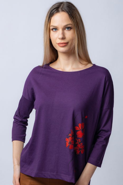 Tricou mov din bumbac, cu maneci 3/4 si imprimeu maci [4]