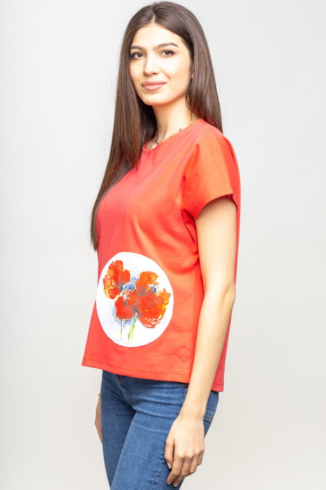 Tricou corai cu panou lateral maci rosii picturali [2]