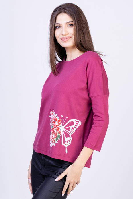 Tricou roz inchis din bumbac, cu maneci 3/4 si imprimeu fluture [2]