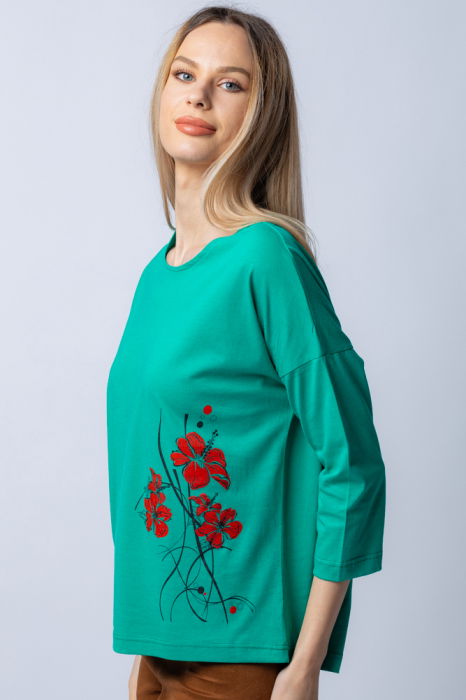 Tricou verde din bumbac, cu maneci 3/4 si imprimeu maci [5]
