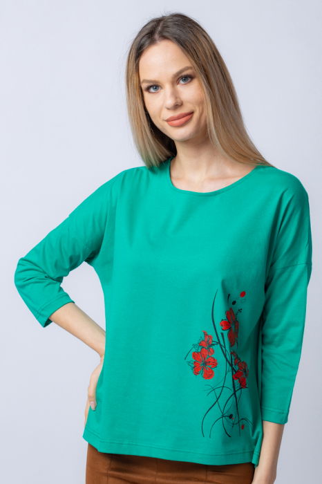 Tricou verde din bumbac, cu maneci 3/4 si imprimeu maci [4]