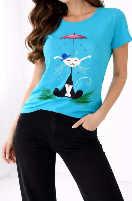 Tricou turcoaz pictat manual cu pisicuta si umbrela