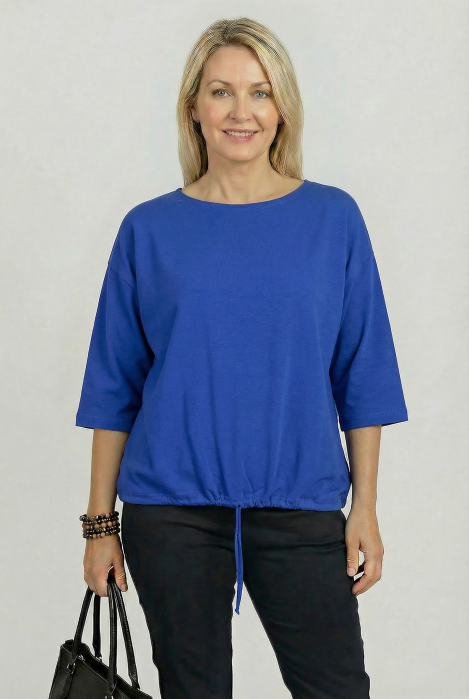 Tricou uni cu maneca 3/4 din tricot de bumbac cu snur la baza, albastru [1]