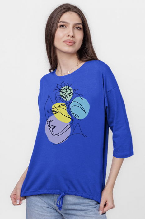 Tricou uni cu maneca 3/4 din tricot de bumbac cu snur la baza, albastru cu imprimeu chip stilizat [2]