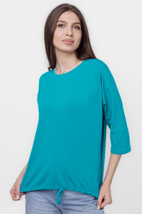 Tricou uni cu maneca 3/4 din tricot de bumbac cu snur la baza, turcoaz [2]