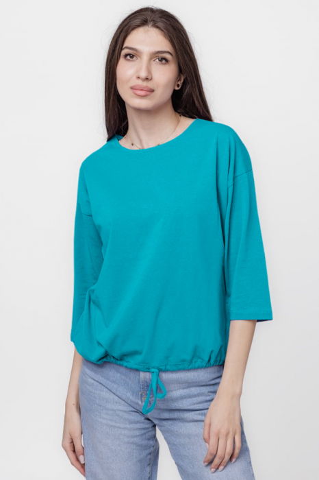 Tricou uni cu maneca 3/4 din tricot de bumbac cu snur la baza, turcoaz [1]