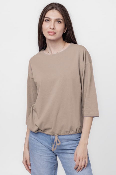 Tricou uni cu maneca 3/4 din tricot de bumbac cu snur la baza, fango [1]
