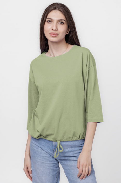 Tricou uni cu maneca 3/4 din tricot de bumbac cu snur la baza, kaki deschis [1]