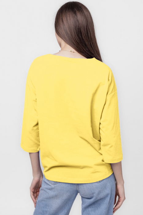 Tricou uni cu maneca 3/4 din tricot de bumbac cu snur la baza, galben cu imprimeu chip stilizat [3]
