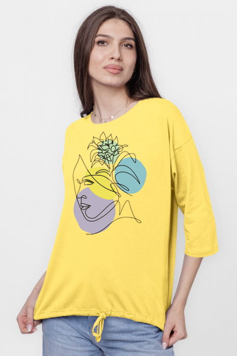 Tricou uni cu maneca 3/4 din tricot de bumbac cu snur la baza, galben cu imprimeu chip stilizat [2]