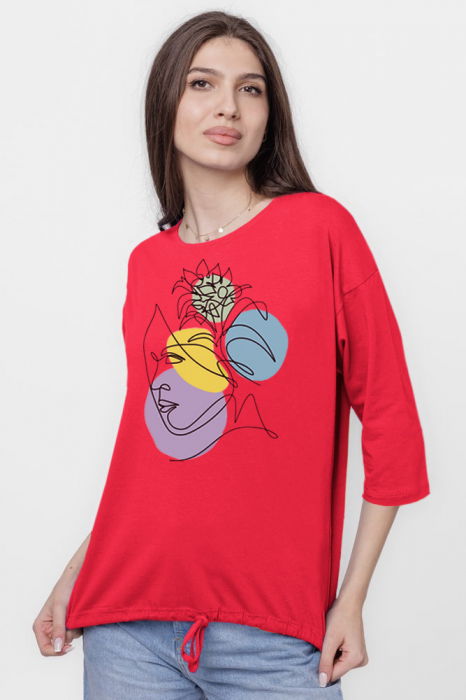 Tricou uni cu maneca 3/4 din tricot de bumbac cu snur la baza, fucsia inchis cu imprimeu chip stilizat [2]