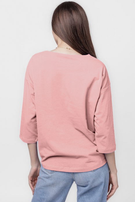 Tricou uni cu maneca 3/4 din tricot de bumbac cu snur la baza, roz prafuit cu imprimeu chip stilizat [3]