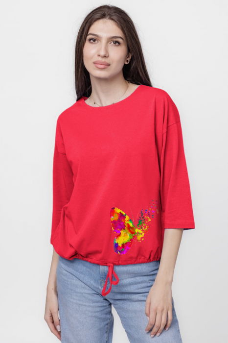 Tricou uni cu maneca 3/4 din tricot de bumbac cu snur la baza, fucsia inchis cu imprimeu fluturi [1]