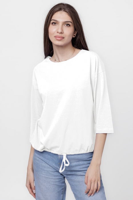 Tricou uni cu maneca 3/4 din tricot de bumbac cu snur la baza, alb [1]