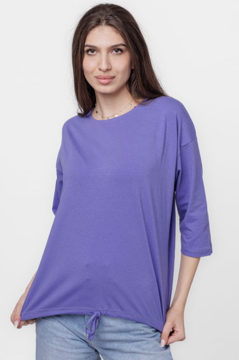 Tricou uni cu maneca 3/4 din tricot de bumbac cu snur la baza, negru [4]