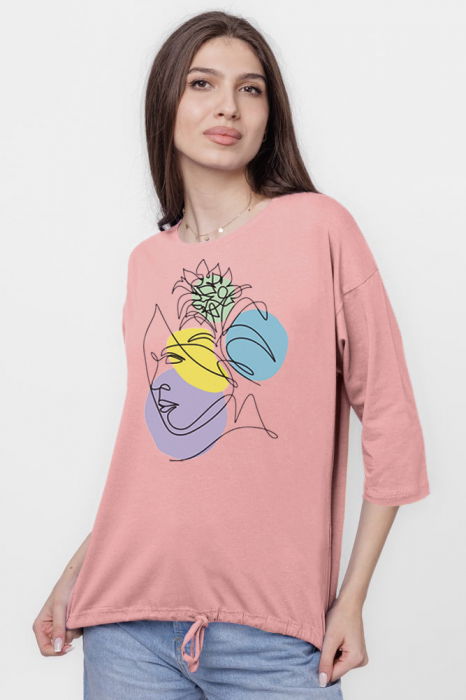 Tricou uni cu maneca 3/4 din tricot de bumbac cu snur la baza, roz prafuit cu imprimeu chip stilizat [2]
