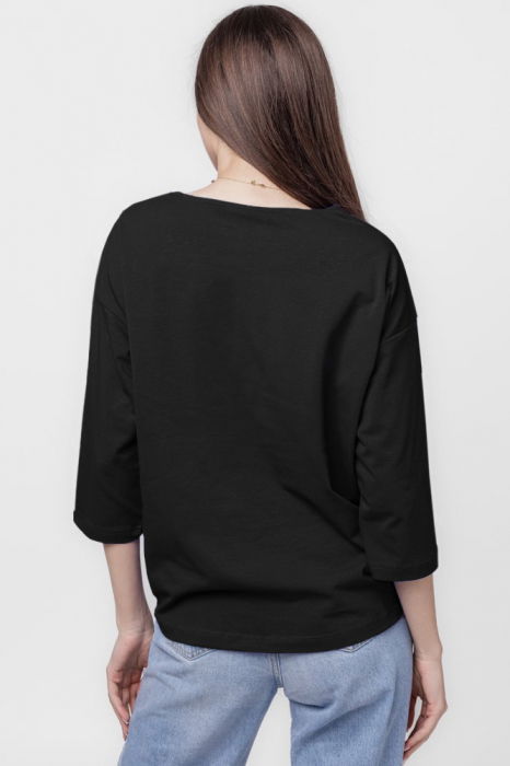 Tricou cu maneca 3/4 din tricot de bumbac cu snur la baza, negru cu imprimeu chip stilizat [3]