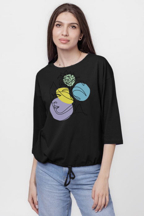 Tricou cu maneca 3/4 din tricot de bumbac cu snur la baza, negru cu imprimeu chip stilizat [1]