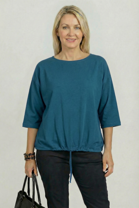 Tricou uni cu maneca 3/4 din tricot de bumbac cu snur la baza, turcoaz inchis [1]