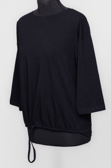 Tricou uni cu maneca 3/4 din tricot de bumbac cu snur la baza, negru [2]